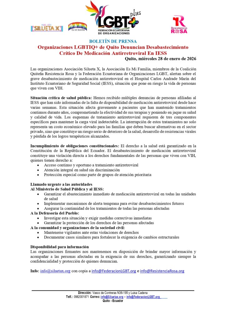boletin organizaciones lgbtiq+ de quito denuncian desabastecimiento crítico de medicación antirretroviral en iess